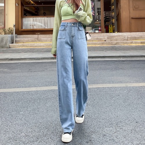 Real shooting of summer jeans women's light color thin material high waist fashion patch bag wide legs thin and versatile straight tube drag
