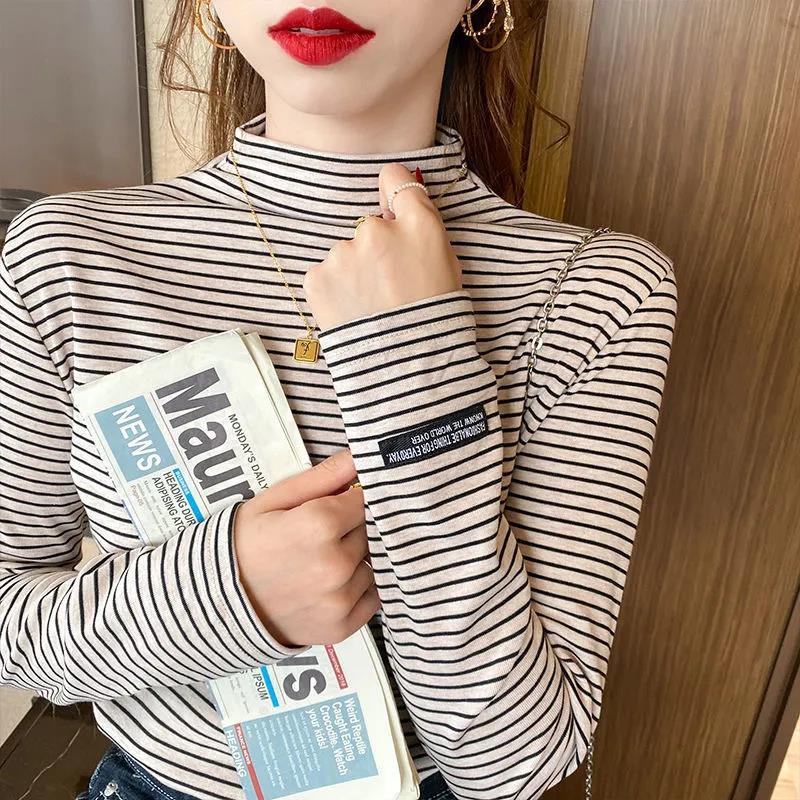 Thickened half high neck striped long sleeve bottoming shirt women's autumn and winter new style foreign style versatile slim fit inner top fashion