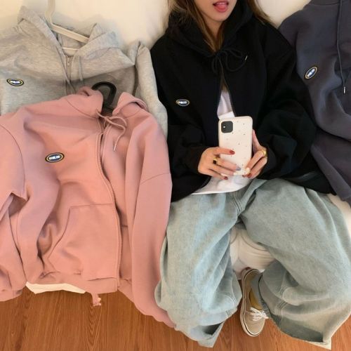 Real price autumn winter Plush BF style loose cardigan coat zipper Hooded Sweater