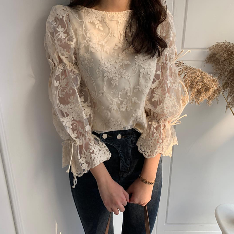 Korean is spring dress French style retro Embroidered Lace Crochet top with foreign style lace up flared sleeve shirt for women