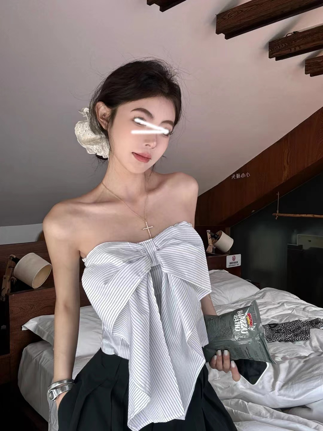 Summer casual suit, high-end hot girl bow striped tube top vest for women, loose high-waisted straight trousers