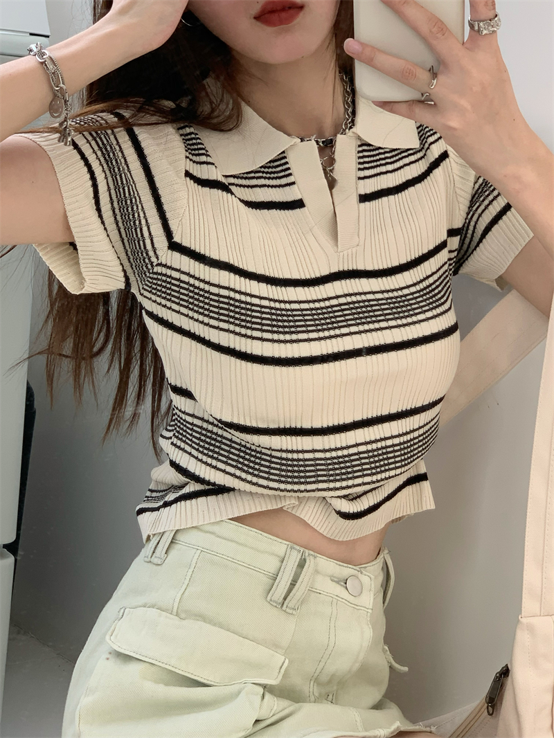 Striped sweater Lapel slim chic top summer BM style straight shoulder short sleeve T-shirt women