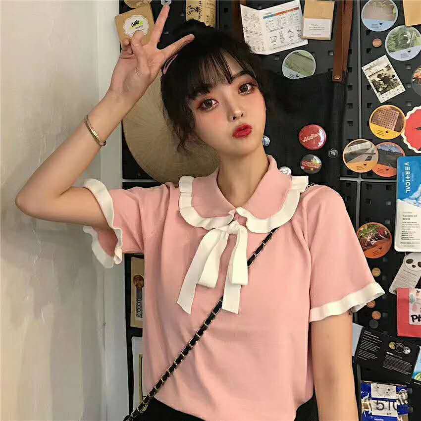 2021 spring new style college style short sleeve T-shirt women's Japanese retro bow knit top doll collar bottomed shirt