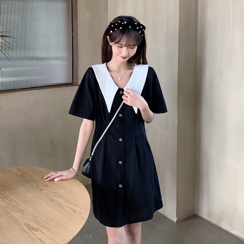 Real shot summer new large size doll collar black skirt waist temperament short-sleeved dress M-4XL200 catties
