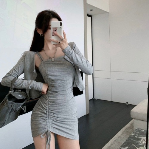 Spring and summer new sexy drawstring Hip Wrap suspender Jumpsuit skirt plus Cardigan Jacket Women's two-piece set