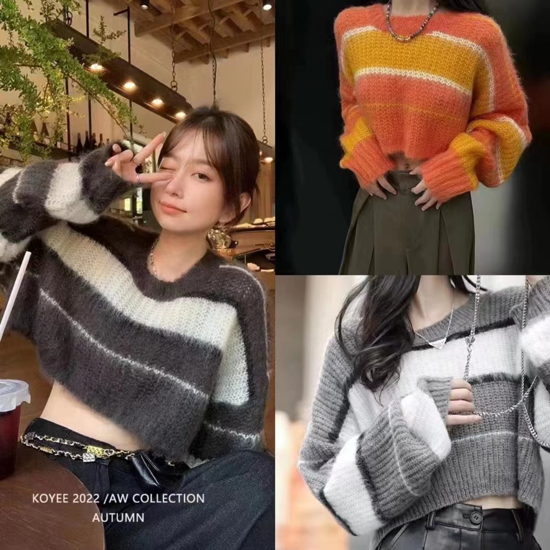 Short Loose Lazy Wind Doll Sleeve Sweater Women's Early Autumn New Striped Contrast Color Long Sleeve Fashion Sweater
