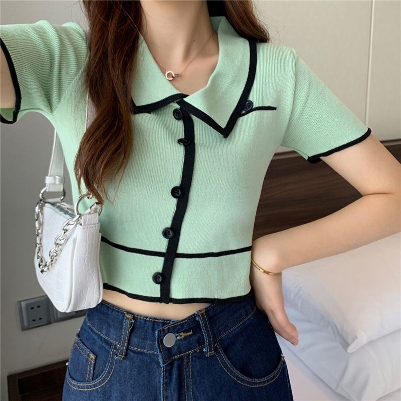 Real shot real shot summer ins super fire ice silk T-shirt women's design sense minority high waist short top polo shirt