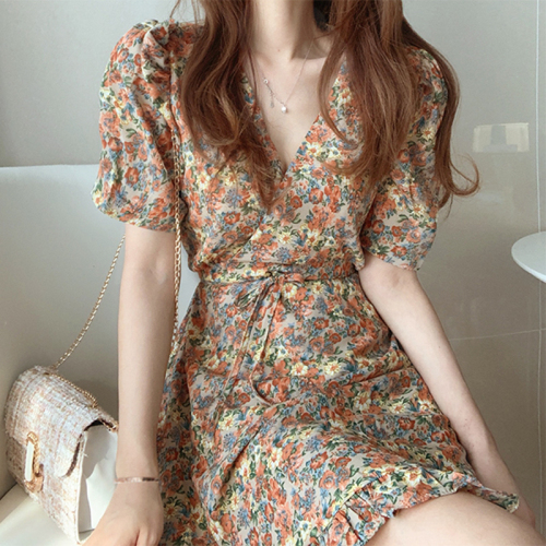 New summer tea break French minority collar Floral Chiffon Dress