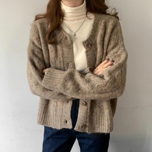 Chic jacquard knitted Short Jacket Women's spring autumn Vintage top loose versatile ins sweater cardigan