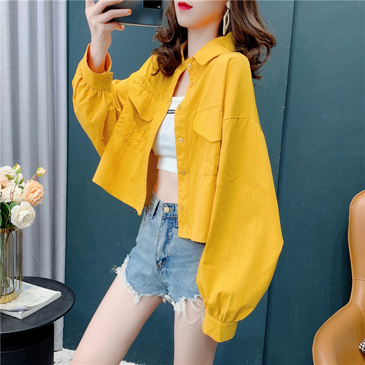 Official figure 2021 autumn new solid color short polo collar shirt long sleeve women