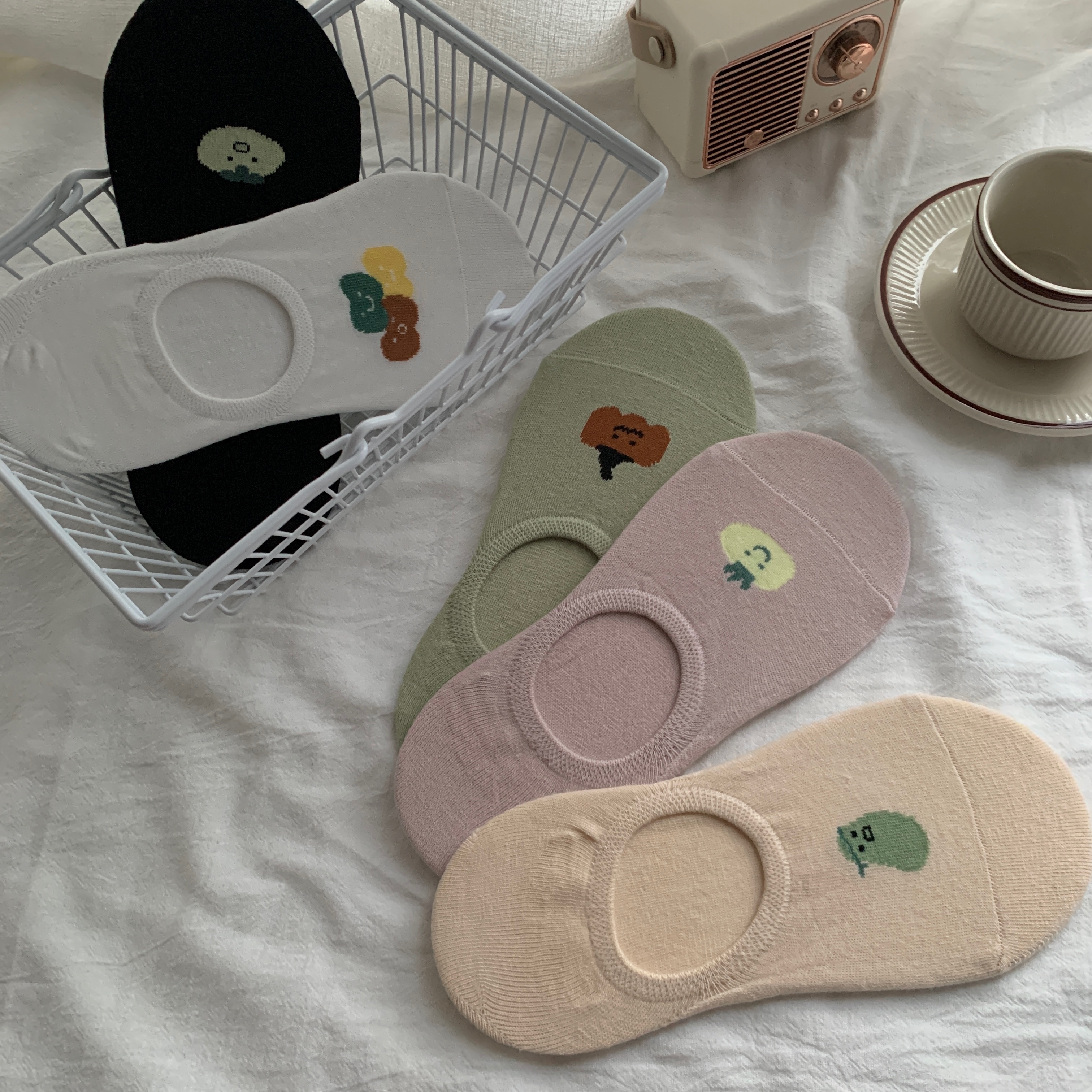 Real auction real price summer thin socks vegetable jacquard invisible socks silicone antiskid boat socks 5 pairs