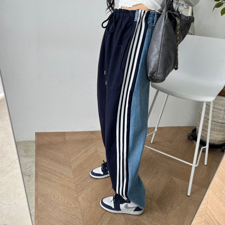 American three-stripe casual pants with contrasting color patchwork jeans