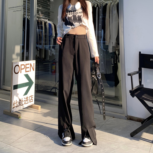 Twill Western Suit Pants Women's High Waist Straight Wide Leg Pants Casual Loose Slit Mopping Pants