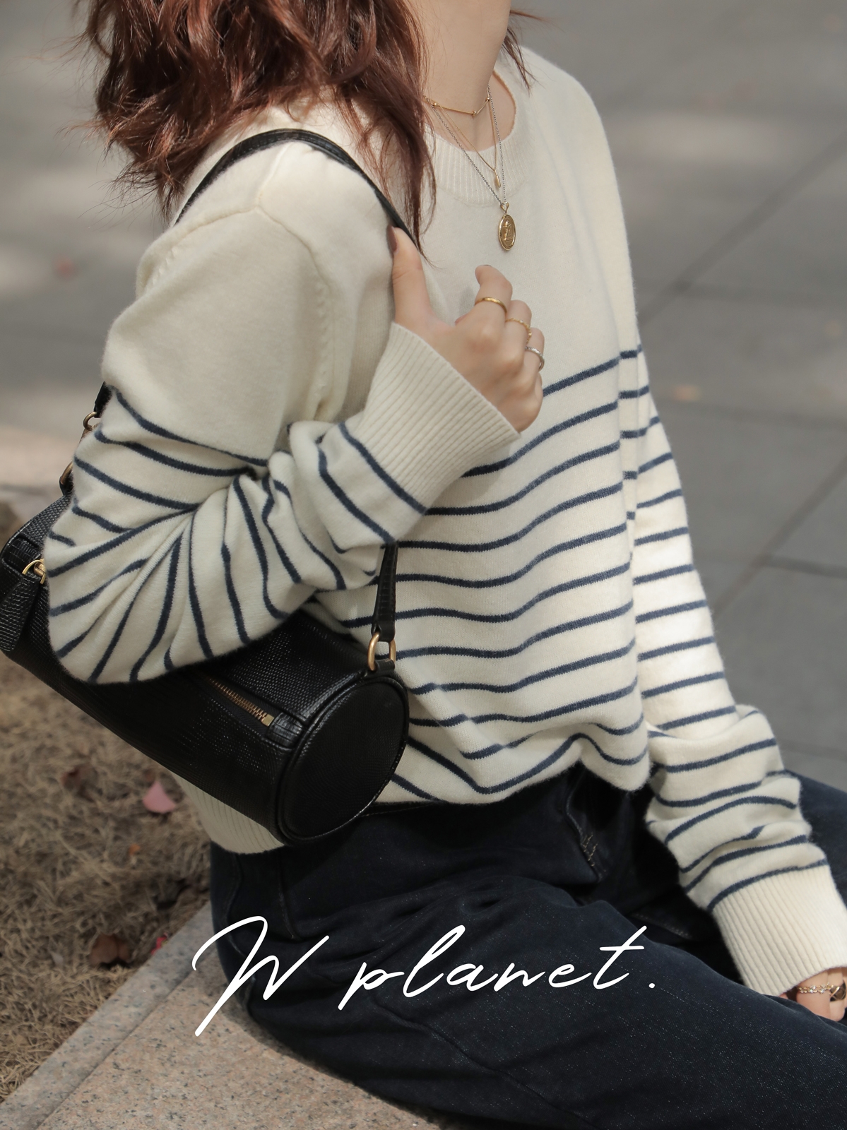 Classic striped all wool Merino French commuter versatile crew neck bottomed sweater