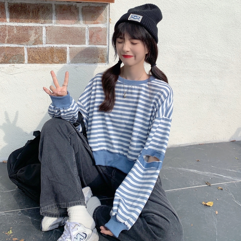 Real shooting thin sweater women's short stripe design long sleeve round neck top