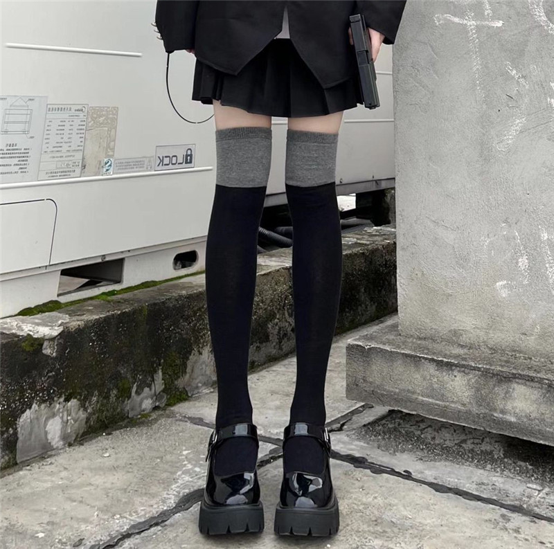 No price reduction color matching socks mid-tube black gray stitching long tube over-the-knee thigh socks black calf socks