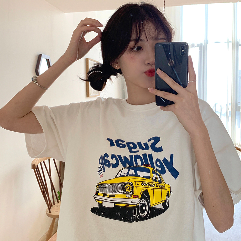 Net price 50 cotton 50 polyester short-sleeved t-shirt women's summer new design sense niche loose and thin American retro round neck