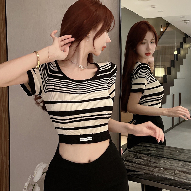 Real shot Vintage stripe contrast slim fitting short sleeve T-shirt real price