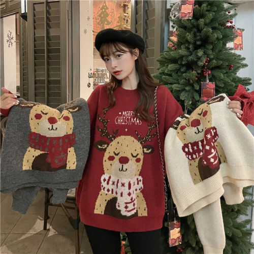 Christmas Red Elk Sweater Women's Autumn and Winter Outer Wear Loose Lazy Wind Korean Knit Sweater Top Trendy
