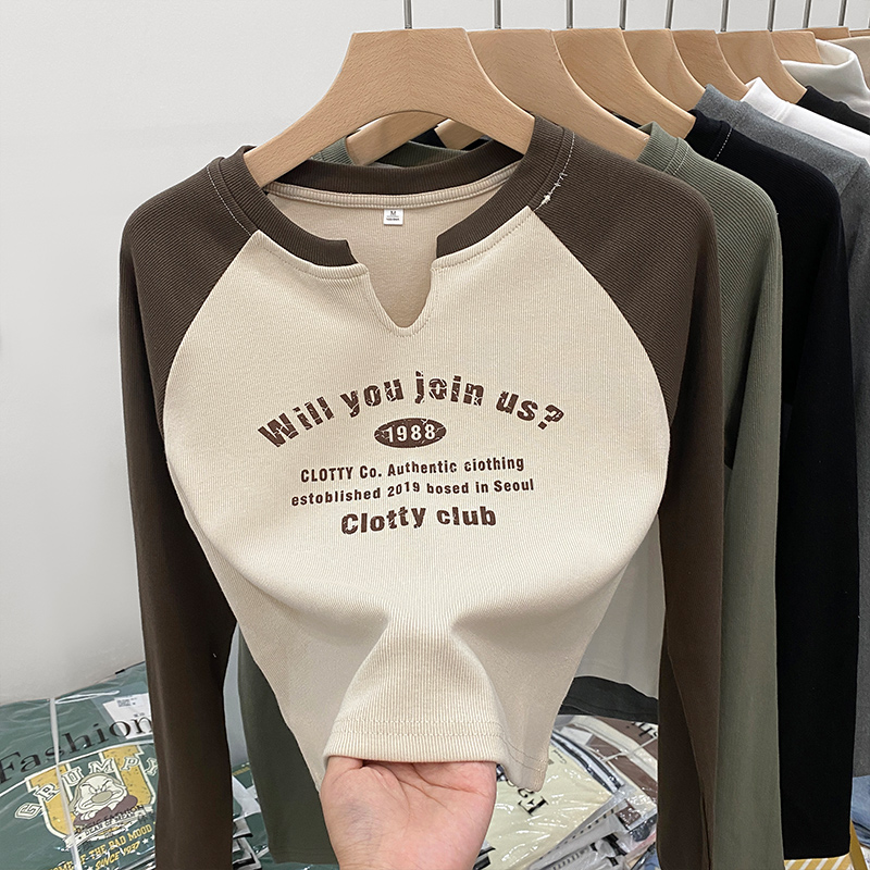 Real shooting real price 2022 spring and autumn new cotton long-sleeved t-shirt women's European goods short slim bottoming shirt printing top