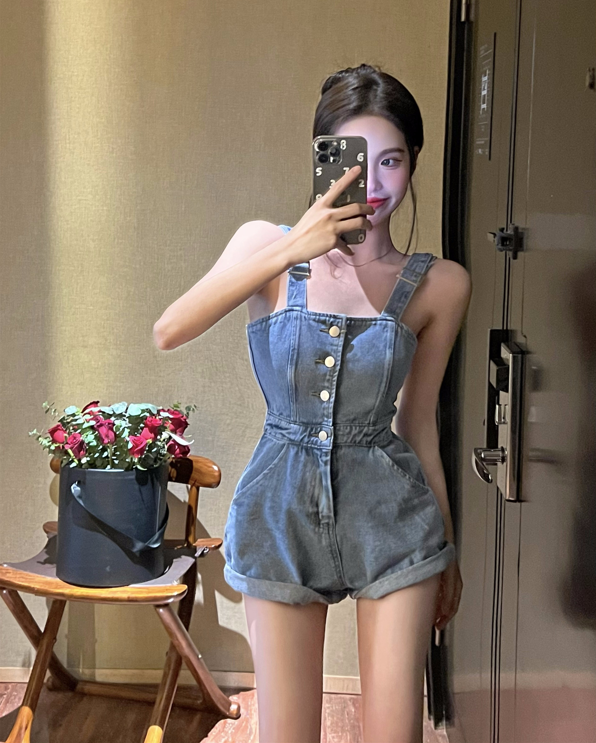 Real price real price Air-breasted buckle tooling suspenders jumpsuit high waist slimming all-match wash water denim shorts women