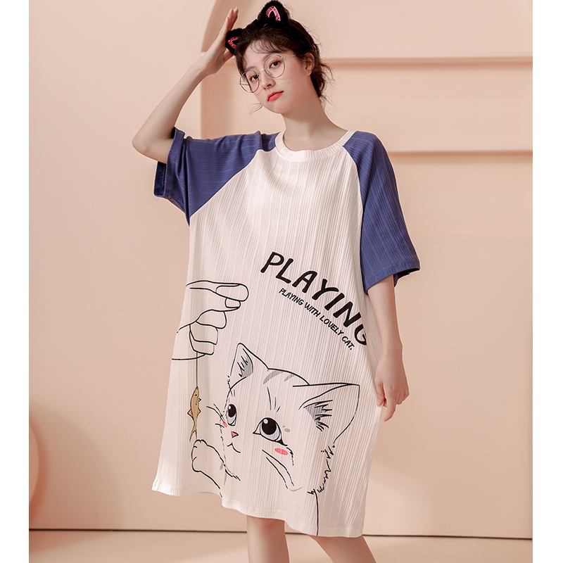 Real shooting of summer new combed cotton short sleeved nightdress Korean Sweet cartoon pajamas women's home clothes can be worn outside