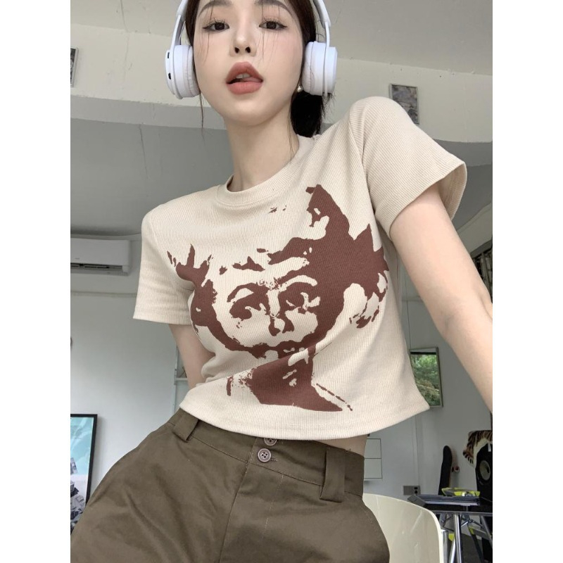 Fashion super hot summer new ice silk thread printing short-sleeved t-shirt female summer hot girl short slim cropped top