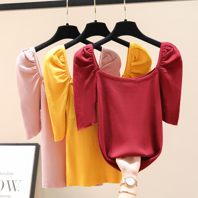 Real shot summer new Korean design feeling retro net red square collar slim knit top short short sleeve T-shirt for women