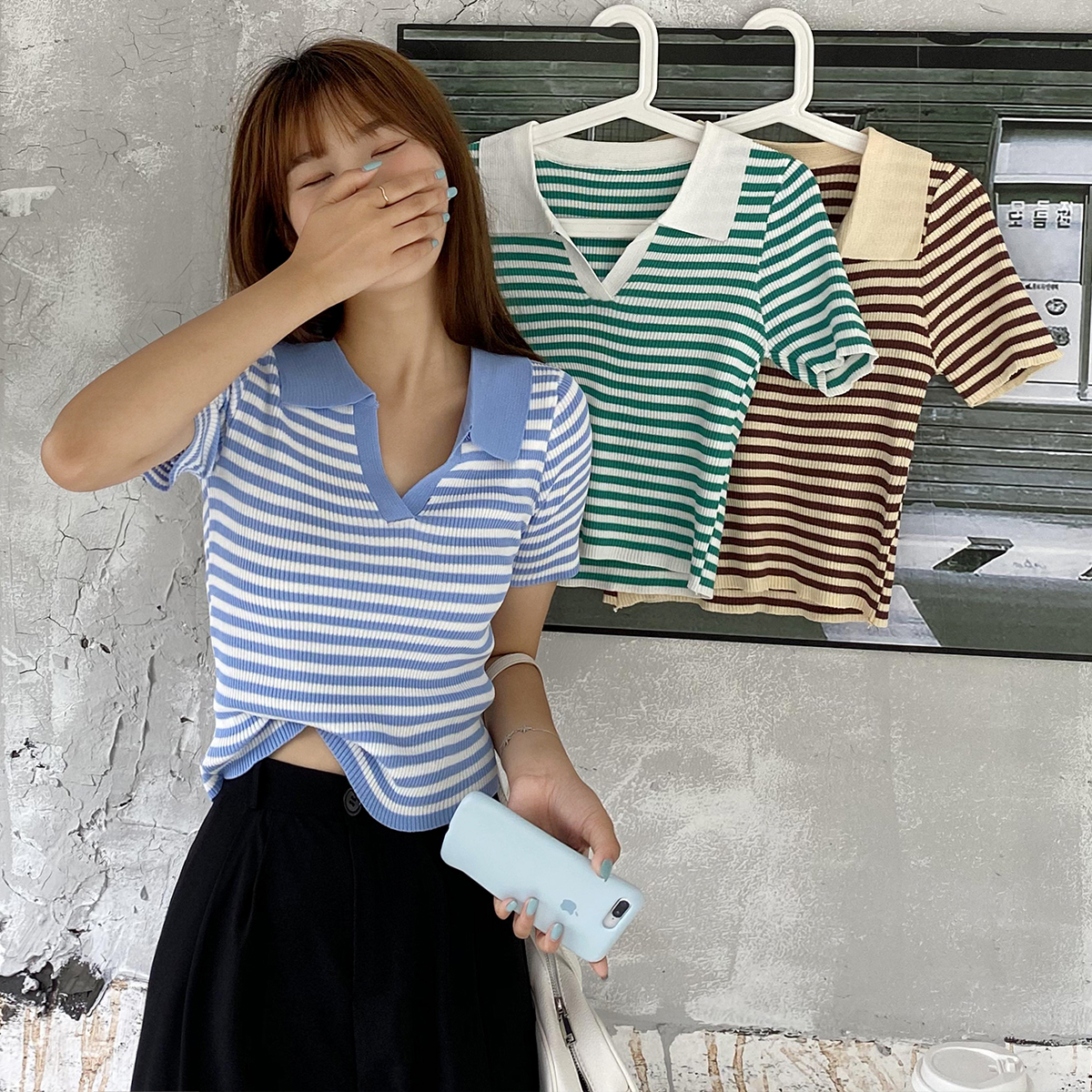 Real price polo collar slim striped short sleeve short knitted T-shirt