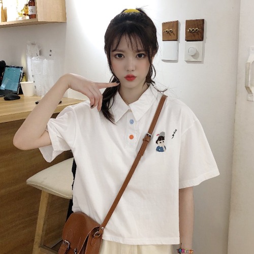 6535 cotton summer loose top new short-sleeved t-shirt female embroidery POLO collar