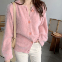 Net red V-neck mink cashmere sweater women's top versatile lazy wind loose pink Mohair knitted cardigan coat