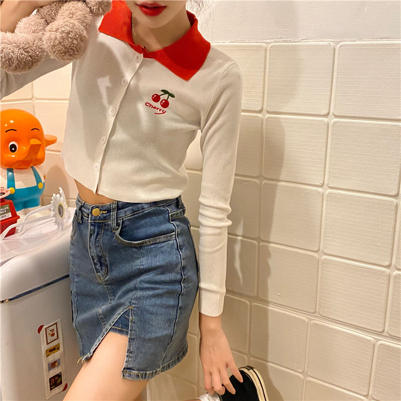Korean fashion long sleeve embroidered thin T-shirt with real price and real shot