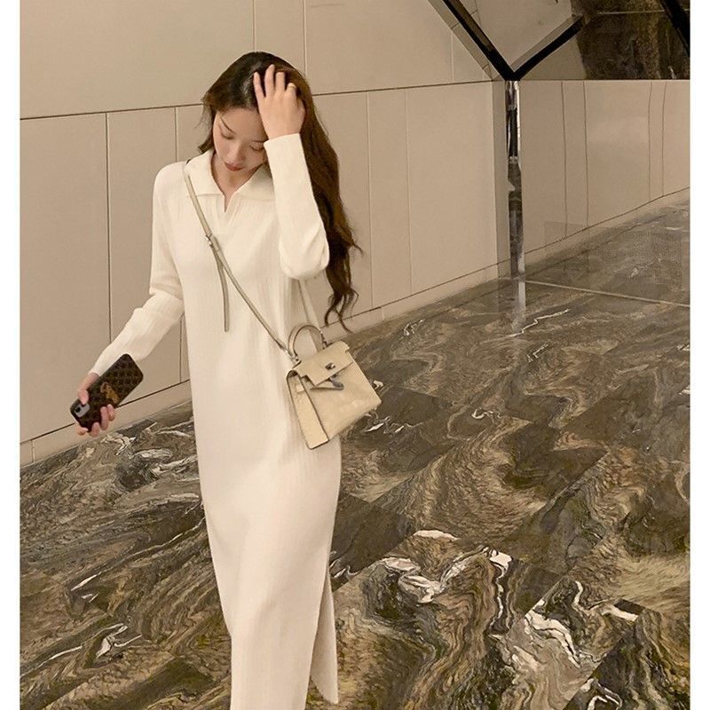 Early autumn women's temperament over-the-knee long skirt with a base coat and a knitted sweater dress for autumn and winter