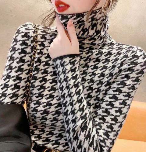 High neck bottomed sweater women's autumn and winter foreign style fashion 2021 new slim and thickened thousand bird check sweater
