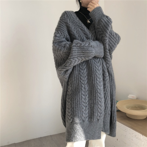 New style outer knitted cardigan in autumn and winter: retro fashion, simple and simple, thick and loose twist long women's sweater and coat