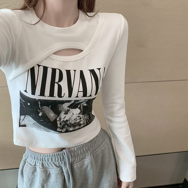 Fashion super hot pure desire short cotton long-sleeved T-shirt fake two pieces of chic design sense of small foreign style inner top