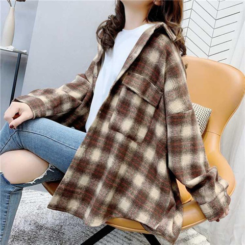 New loose shirt plaid top plaid mid-length brushed thick woolen shirt