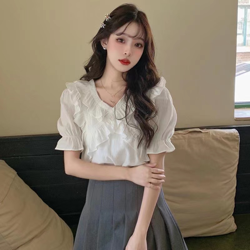 2023 new summer ruffle chiffon shirt women's French style gentle wind top western trend