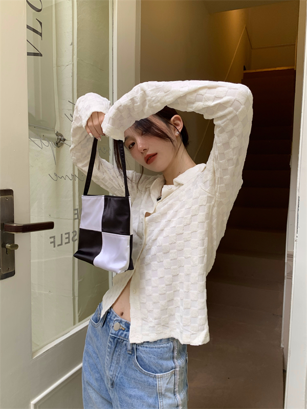 Real price ~ milky white shirt soft skin friendly thin Lapel checkerboard long sleeve slim fit blouse for women