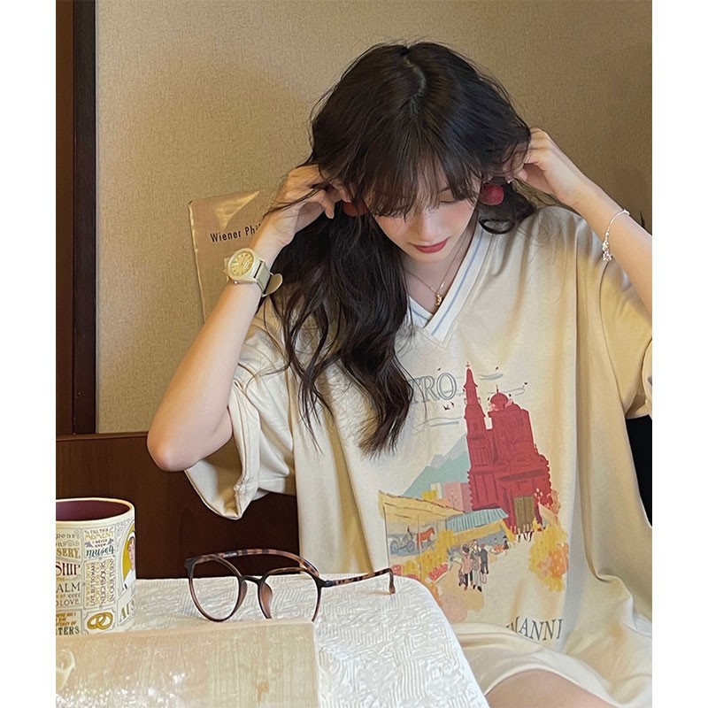 Medium long pure cotton printed V-neck short sleeve T-shirt women's summer Japanese retro ins loose minority top