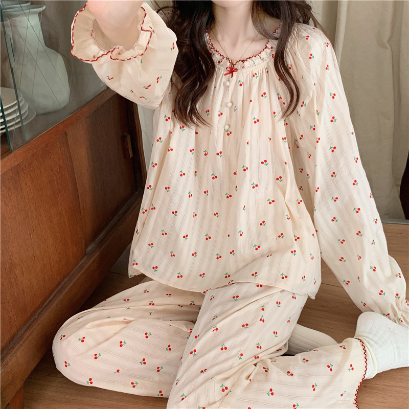 Real-priced cotton jacquard sweet cherry ins loose skin-friendly comfortable outer wear long-sleeved trousers home service set