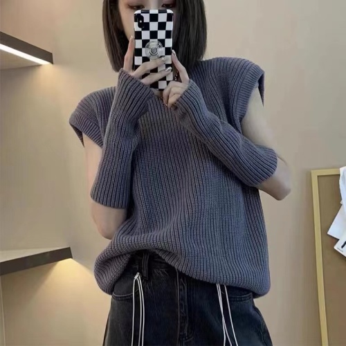 Lazy wind sweater women's  spring and autumn new loose niche design sleeve knitted sweater vest top