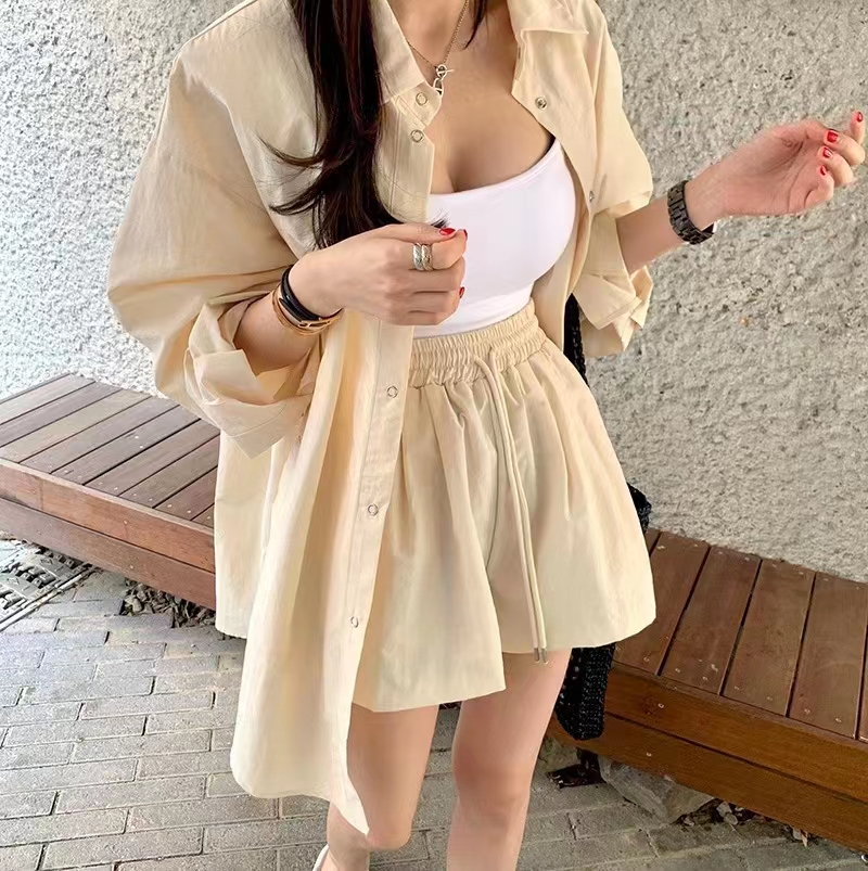 chic lapel single-breasted sun protection clothing loose shirt + elastic shorts casual suit