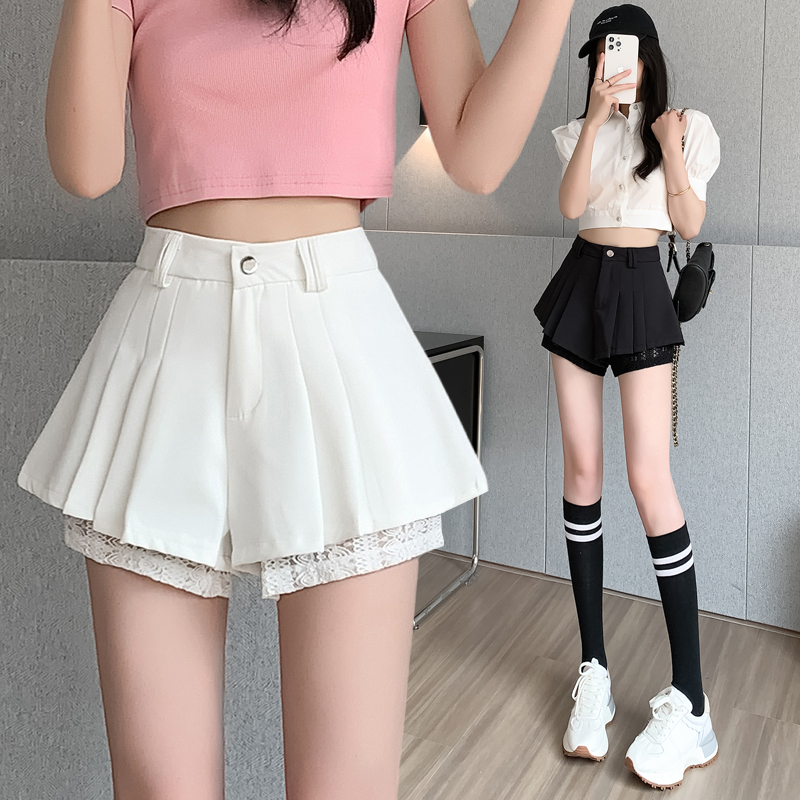 Real shot 2023 spring and summer lace hem splicing high waist wide leg casual culottes versatile suit shorts show long legs
