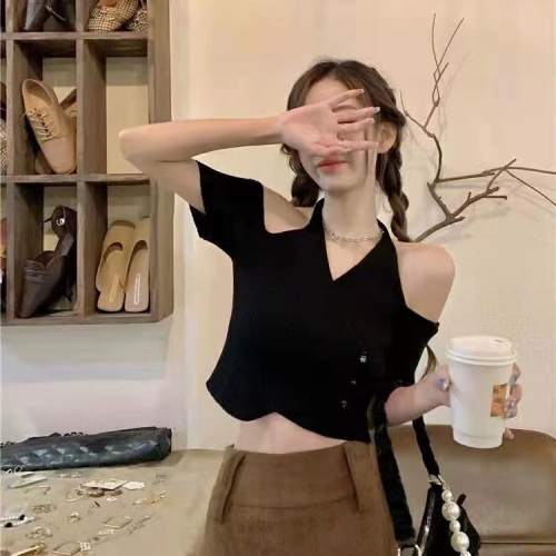 Cool pure desire wind V-neck hanging neck knitted short sleeve women's off shoulder high waist short sweet Spice Girl Top