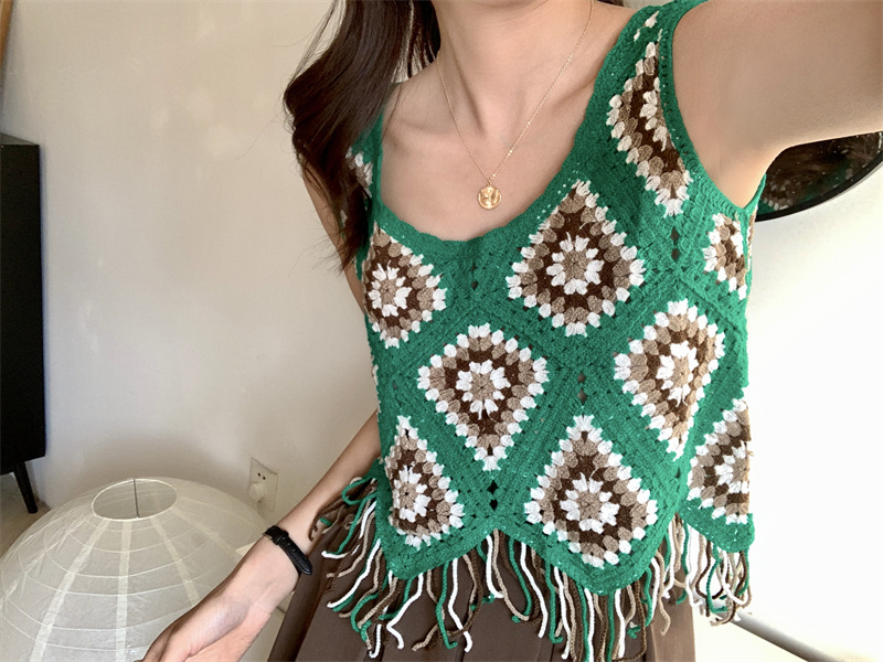 Retro holiday style hook flower hollow fringed camisole women's summer outerwear ethnic style design sense niche top