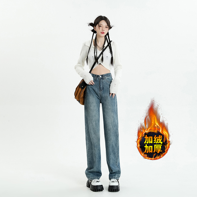 Real shot 2022 autumn and winter new fleece wide-leg jeans women's high-waist fashion straight loose wide-leg mopping pants