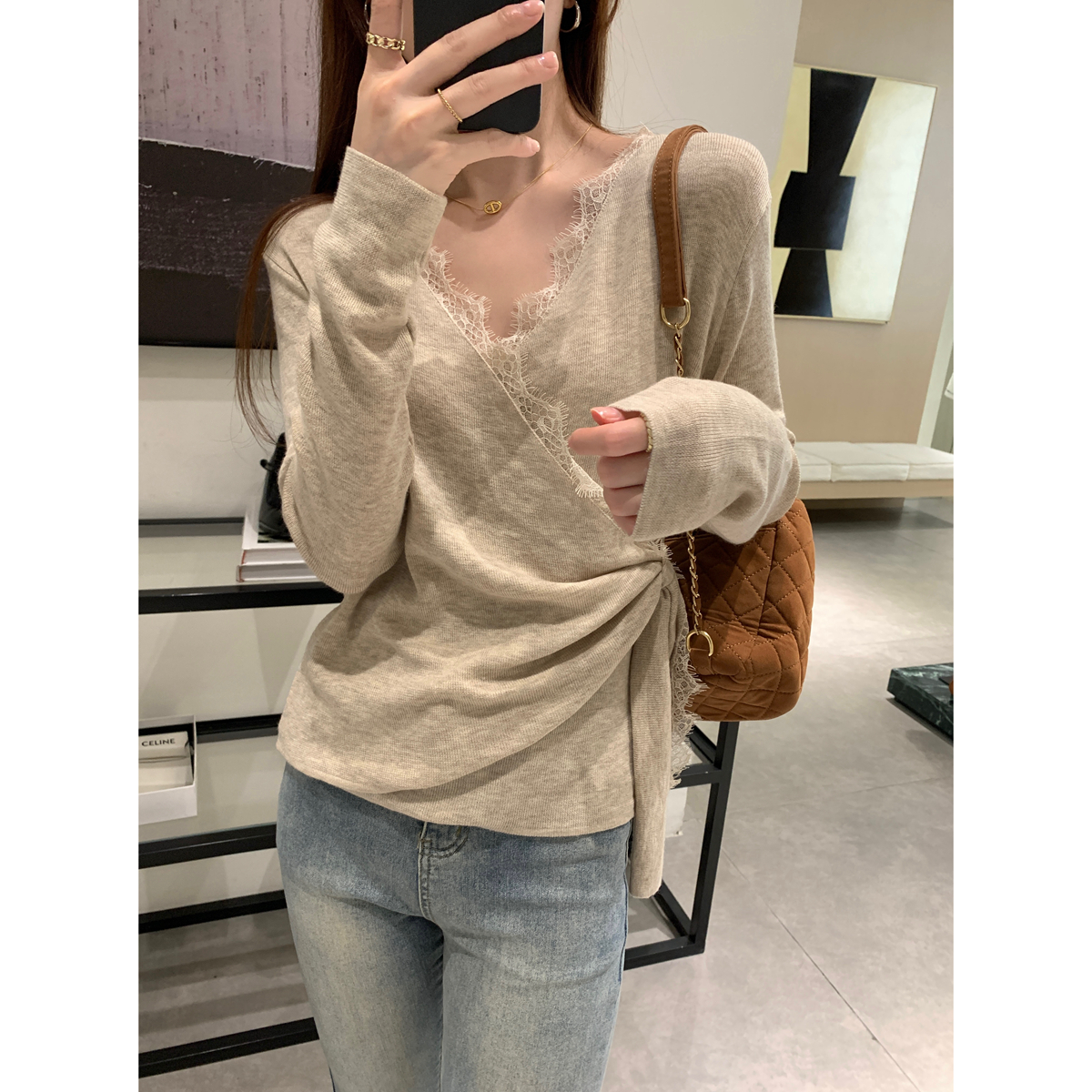 Real shot of autumn and winter Korean style temperament cross lace with irregular waist 6 wool long-sleeved knitted top