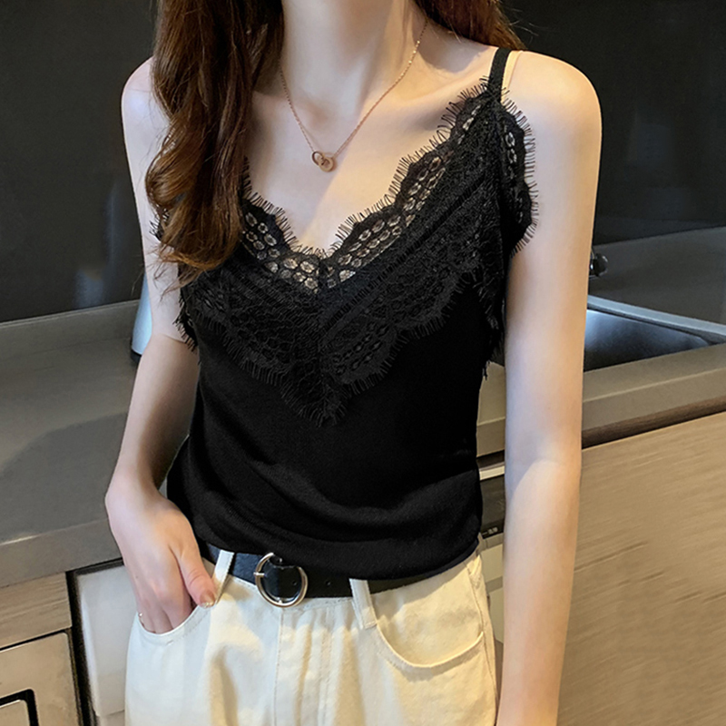 Chic Hong Kong Style Lace V-neck knitted suspender vest for women