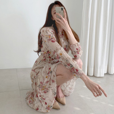 Fairy pleated floral skirt lace round neck closure sleeve high waisted slim loose Floral Dress